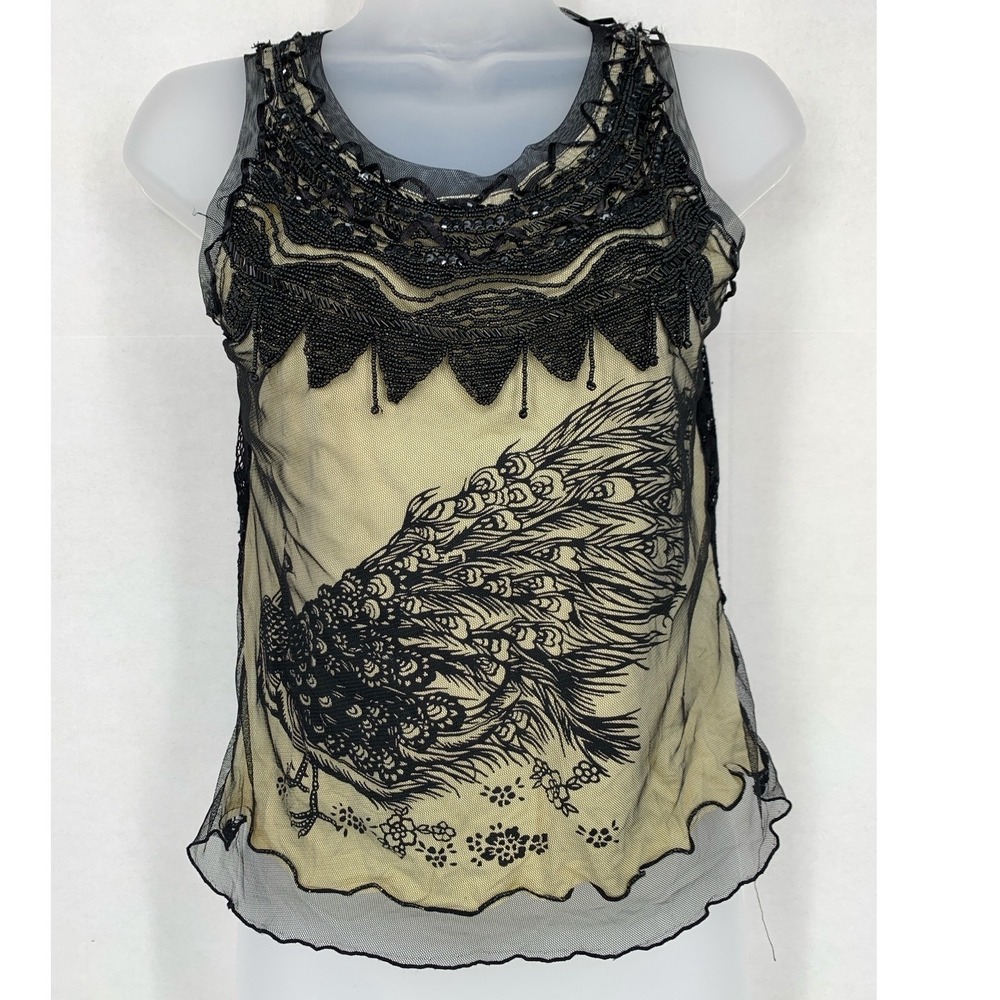 Haven Bleu Black Lace Peacock Tank Small Sheer Beaded Y2K Party